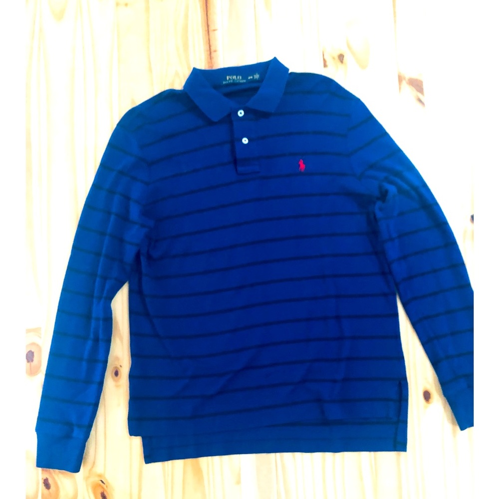 POLO RALPH LAUREN Teens Long Sleeve Polo Shirt Medium Blue Striped Cotton